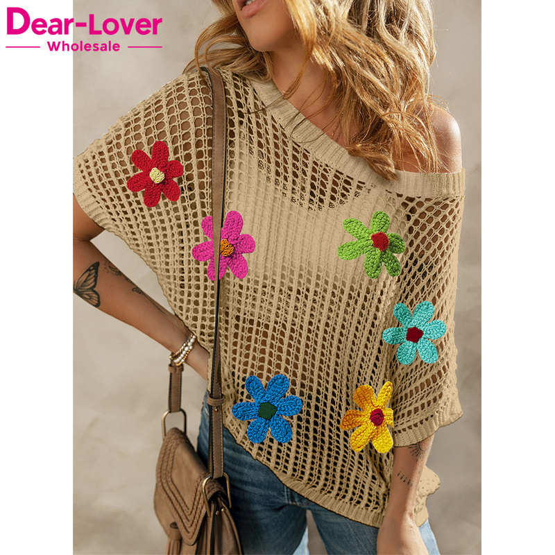 Dear-Lover Wholesale Fashion New Design Loose Sweater Women Pullover Crochet Flower Hollow-out Knitted Sweater