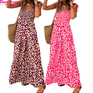 Dear-Lover Wholesale Private Label High Quality Valentine V Neck Ruffled Shirred Floral Maxi Long Dresses Women Lady Elegant