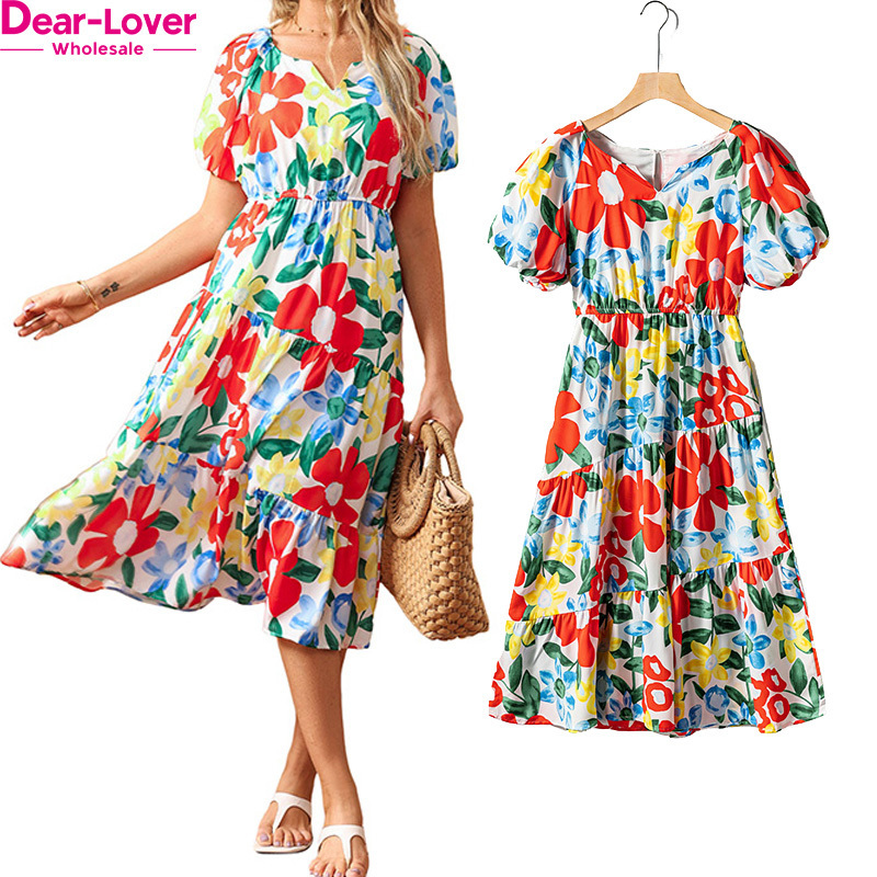 Dear-Lover Wholesale Private Label High Quality Valentine V Neck Ruffled Shirred Floral Maxi Long Dresses Women Lady Elegant