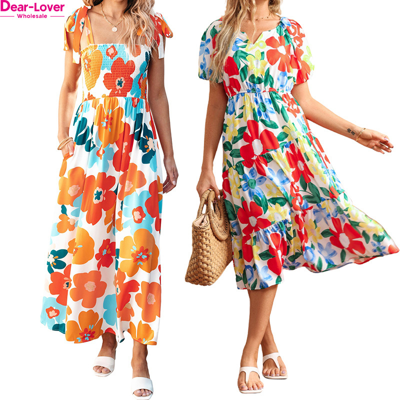 Dear-Lover Wholesale Private Label High Quality Valentine V Neck Ruffled Shirred Floral Maxi Long Dresses Women Lady Elegant