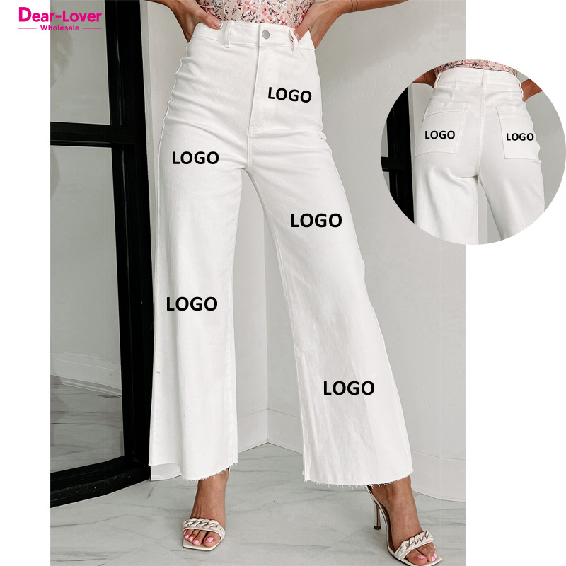 Dear-Lover OEM ODM Custom Logo Private Label High Waist Denim Crop Pants White Solid Raw Hem Wide Leg Jeans Women