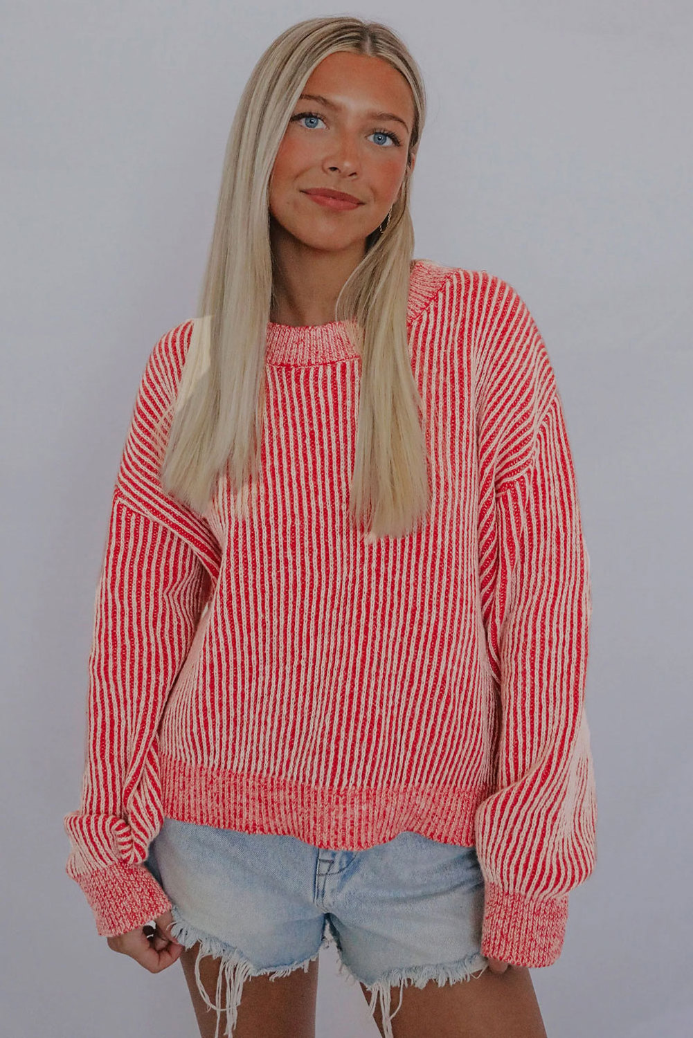 Dear-Lover Fashion Striped Print Ribbed Trim Round Neck Pullover Knitted Crochet Ladies Sweater