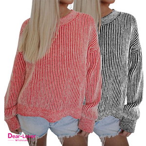 Dear-Lover Fashion Striped Print Ribbed Trim Round Neck Pullover Knitted Crochet Ladies Sweater