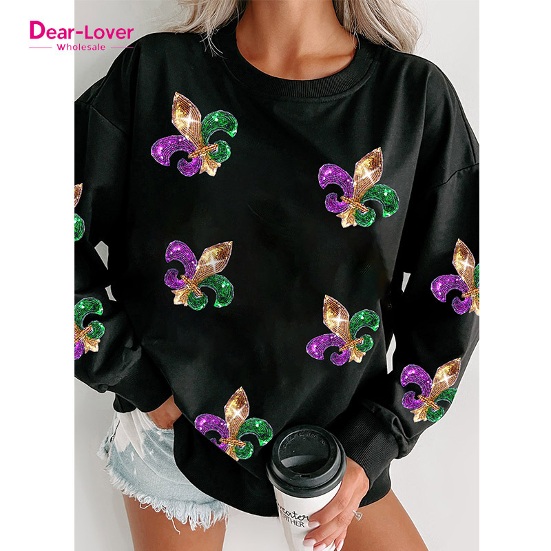 Dear-Lover Valentine's Day Sequin Carnival Graphic Pullover Essential Corded Crew Sweatshirts For Women