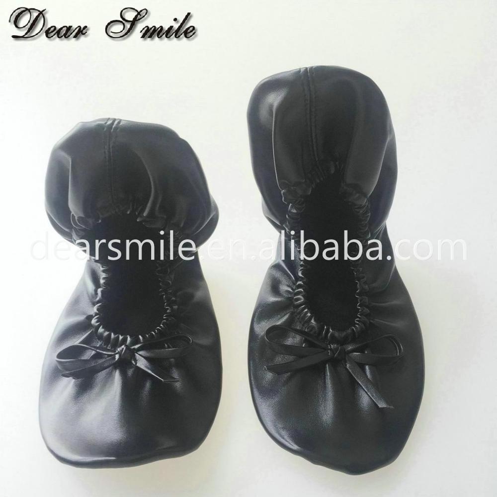 Women black ballet flats fold up roll up shoes with bag wholesale cheap price