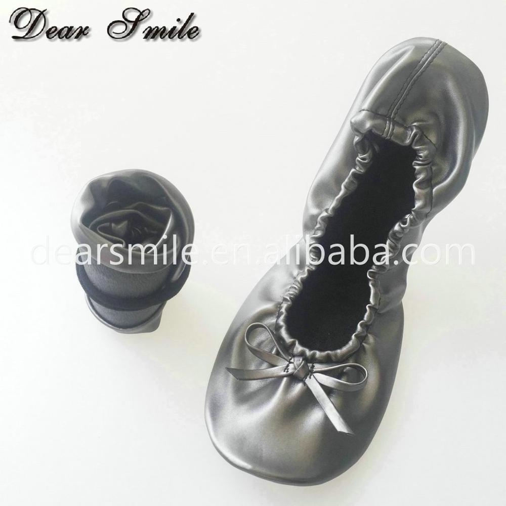 Cheap wholesale grey ballet flats women vending machine ballerina folding shoes with pouch