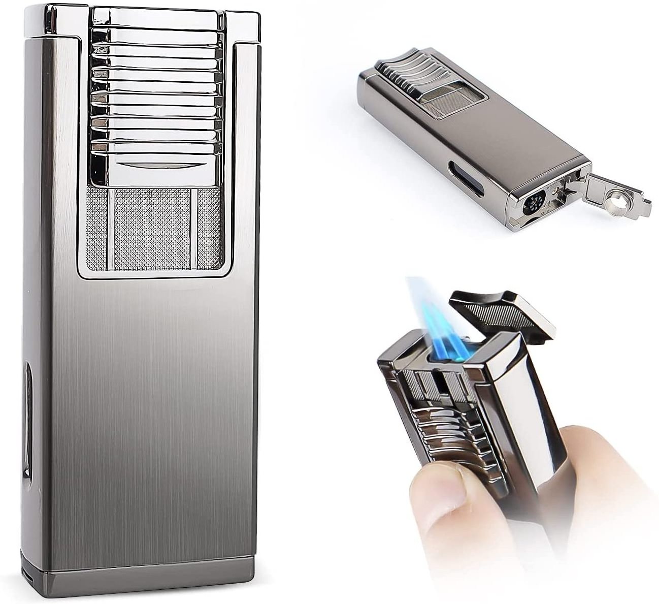 DEBANG Torch Cigar Lighter with Cigar Punch Adjustable Windproof Double Jet Flame Metal Pipe Refillable Butane Lighters