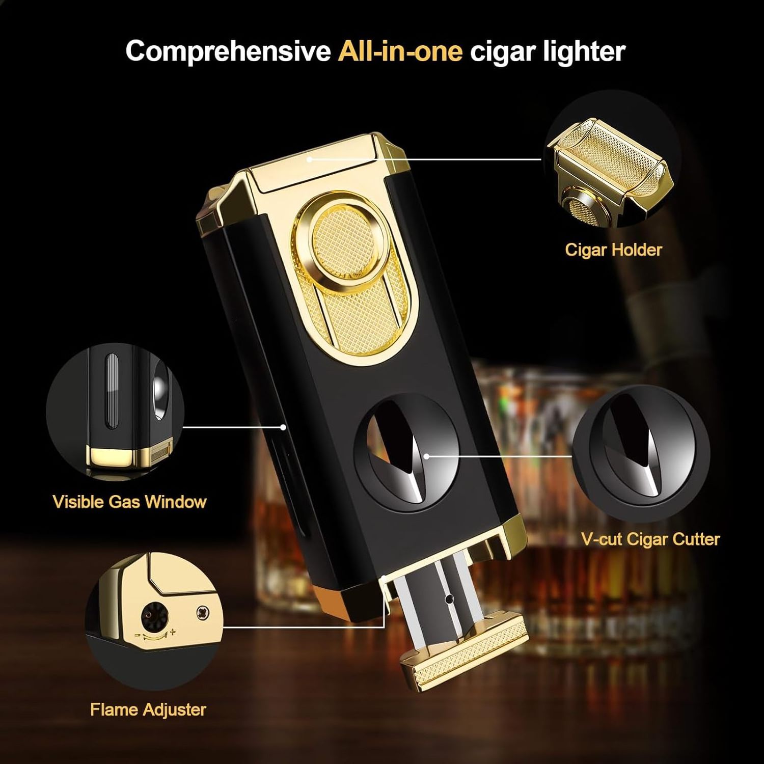 DEBANG cigar lighter 2024 new design refillable triple jet flame torch lighter with Cigar Cutter and cigar holder