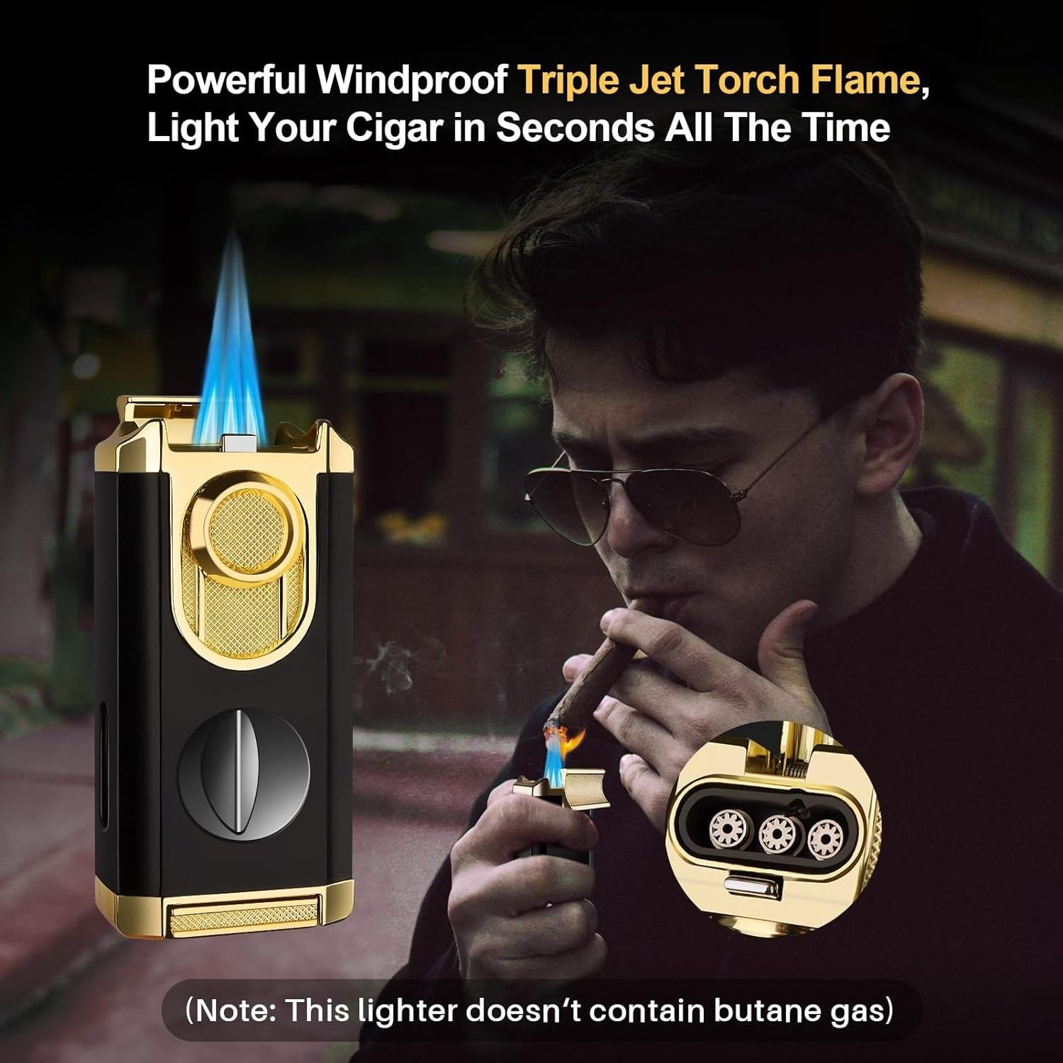 DEBANG cigar lighter new design refillable triple jet flame torch lighter with Cigar Cutter and cigar holder cigarette lighter