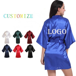 DEBELA OEM wholesale custom logo women's sleepwear sexy wedding party pure color night dress short kimono satin silk women robes