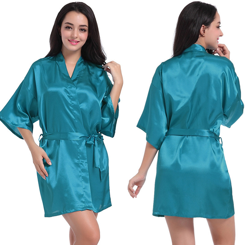 DEBELA OEM wholesale custom logo women's sleepwear sexy wedding party pure color night dress short kimono satin silk women robes