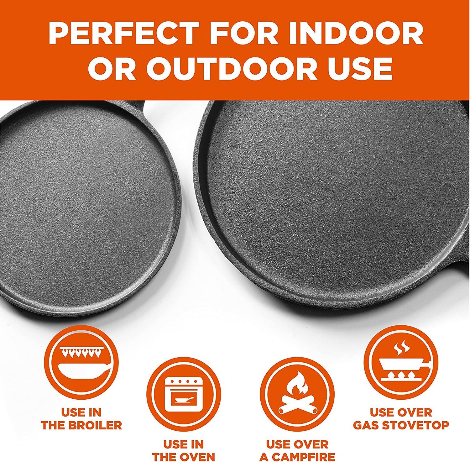 Indoors outdoors cookware set 8 10 12 inch preseasoned bbq round cast iron camping grill griddle pan with handle