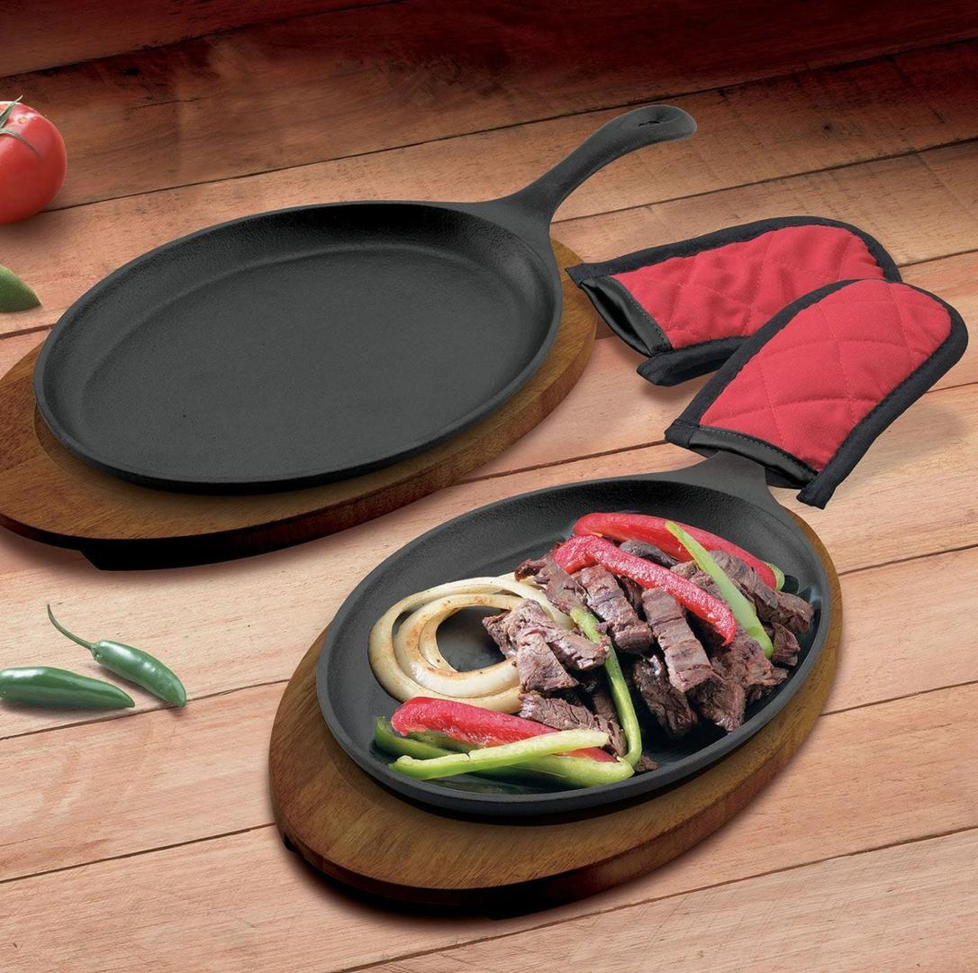 Round Oval Pre-seasoned Cast Iron Grill Sizzling Pan BBQ Cookware Sizzling Plate Steak Pan With Wooden Base