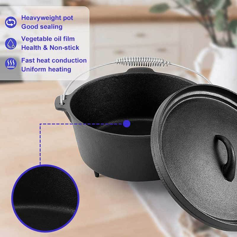 Wholesale price preseasoned cast iron multifunctional cooking pots three legs camping dutch oven with lid lifter