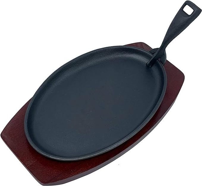 Round Oval Pre-seasoned Cast Iron Grill Sizzling Pan BBQ Cookware Sizzling Plate Steak Pan With Wooden Base