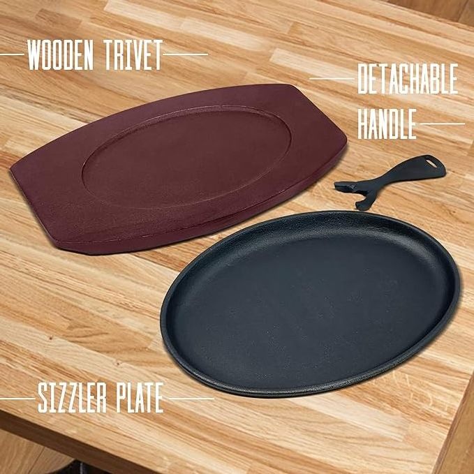 Round Oval Pre-seasoned Cast Iron Grill Sizzling Pan BBQ Cookware Sizzling Plate Steak Pan With Wooden Base