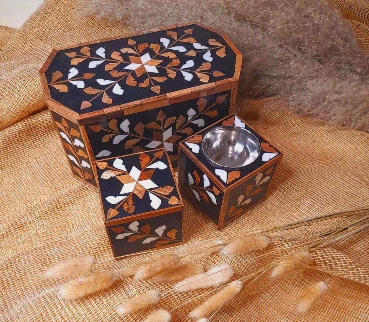 New handmade wooden inlay floral multipurpose box with bakhoor or incense burner for gifting and home decoration