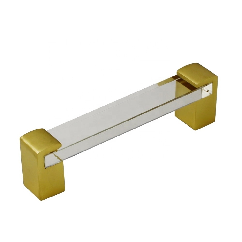 Crystal glass cabinet door bar pull handle with brass base