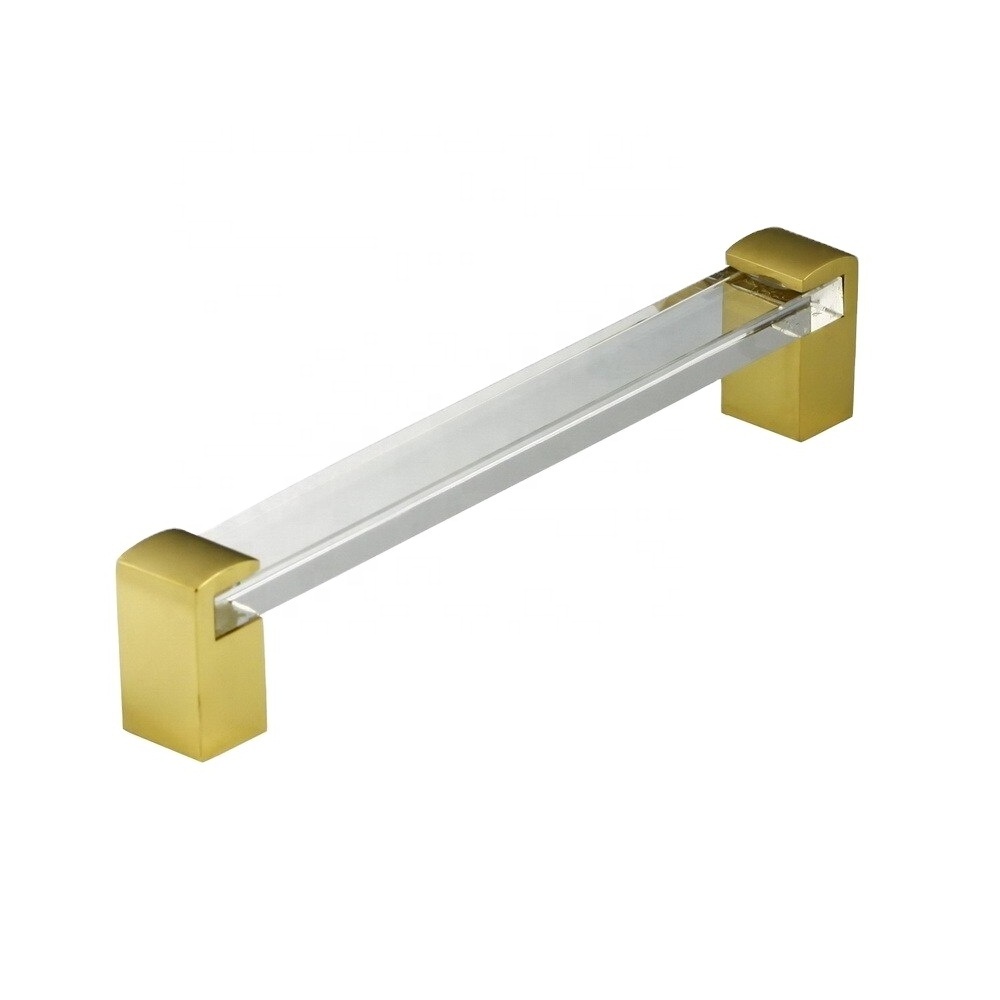 Crystal glass cabinet door bar pull handle with brass base