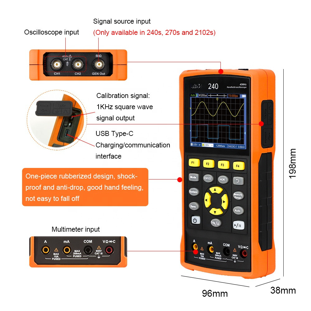 DECCA 240S China handheld Oscilloscope 2CH Channel 40MHz 125MSa/s Sampling Rate Dual-Channel multimeter Storage signal souce