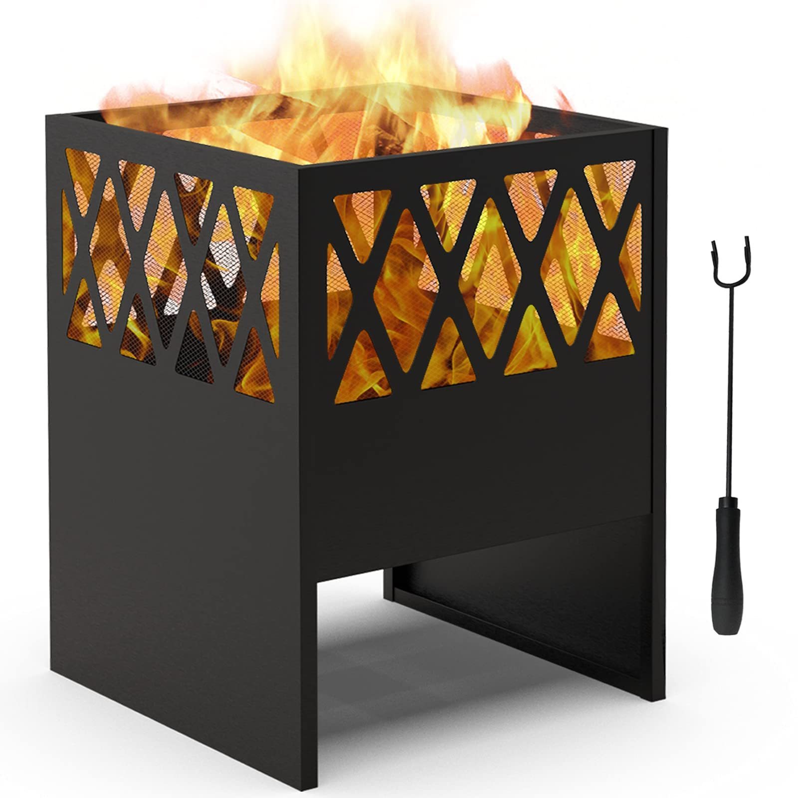 Outdoor Backyard Heavy Duty Metal Square Large Bonfire Wood Burning Portable Hollow Out Brazier Fire Pit