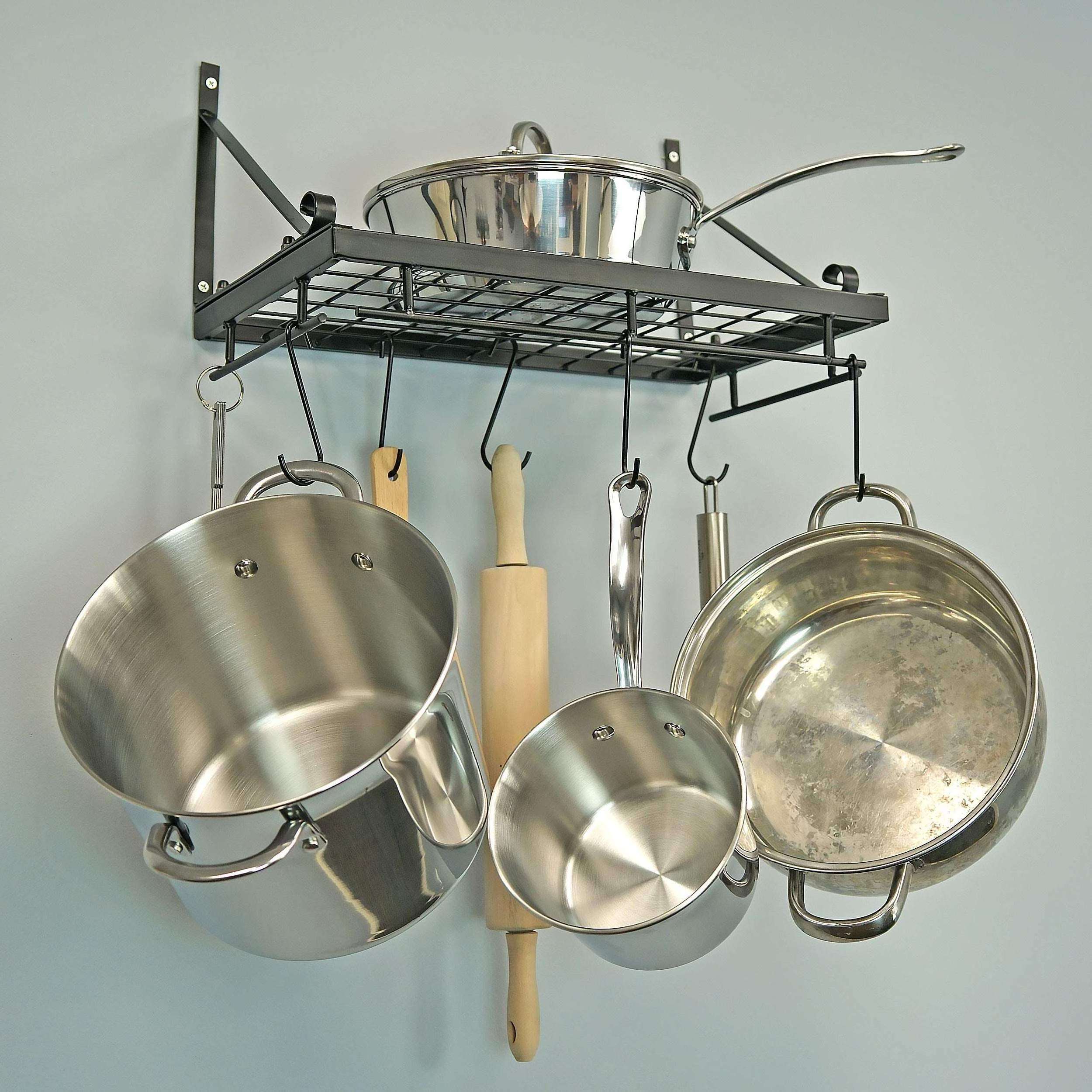 Southern Homewares Classic Pan Hanging Rack Cast Iron Includes Wire Shelf 8 Hooks Easy Mount Dish Rack