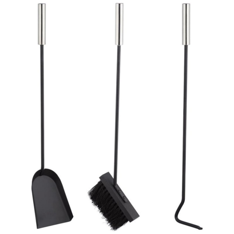 4 Pieces Fireplace Tool Set Black Iron Fire Place Tool Set with Log Holder Fire Pit Stand Tongs Shovel Broom Chimney Poker