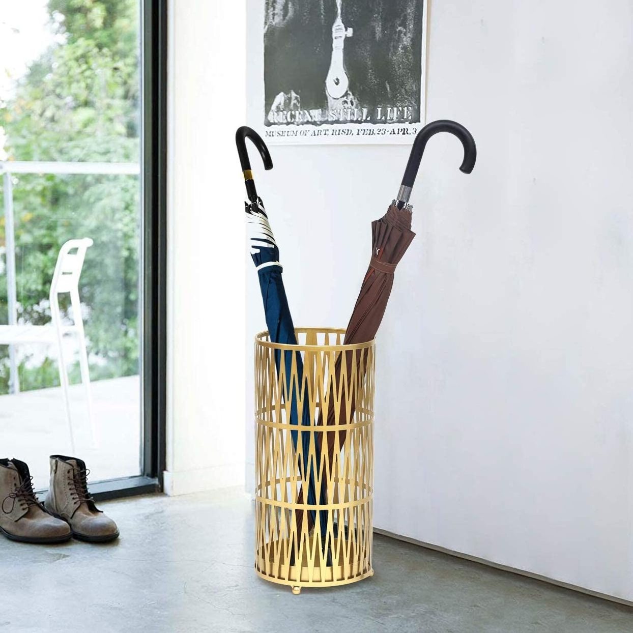 Gold Metal Round Umbrella Stand Holder with Drip Tray Free Standing Holders Walking Sticks and Hiking Poles Umbrella Racks