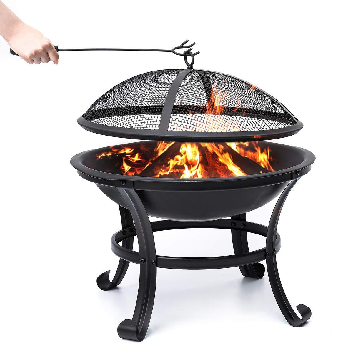 Outdoor Fire Pit Bowl Camping Steel Wood Burning Fire Pit with Spark Screen and Log Poker