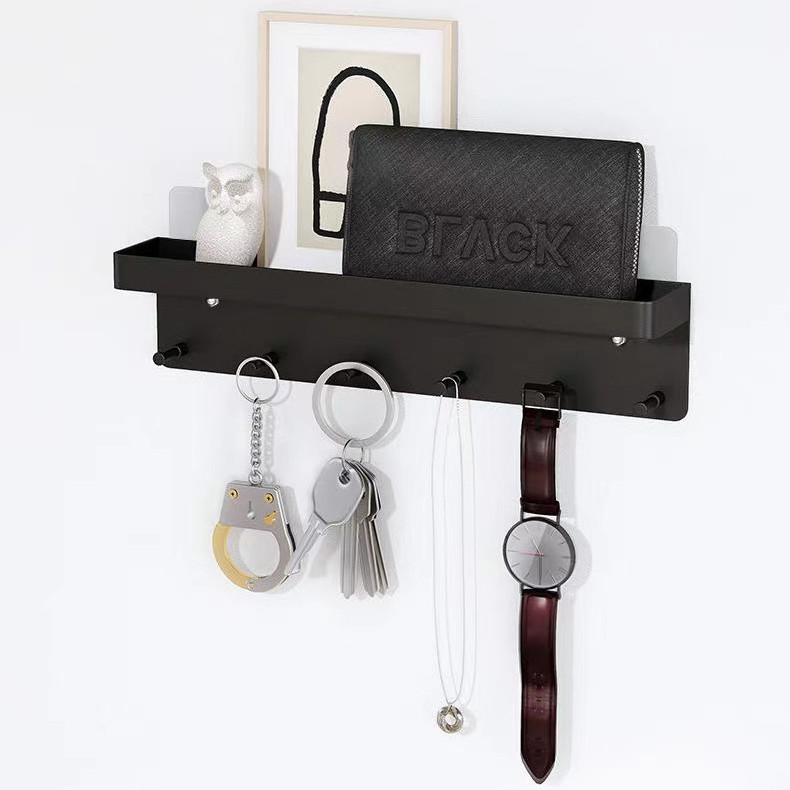 Multifunction Novelty Key Holder for Wall Decorative Mail Organizer and Key Rack with Tray 6 Hooks Black