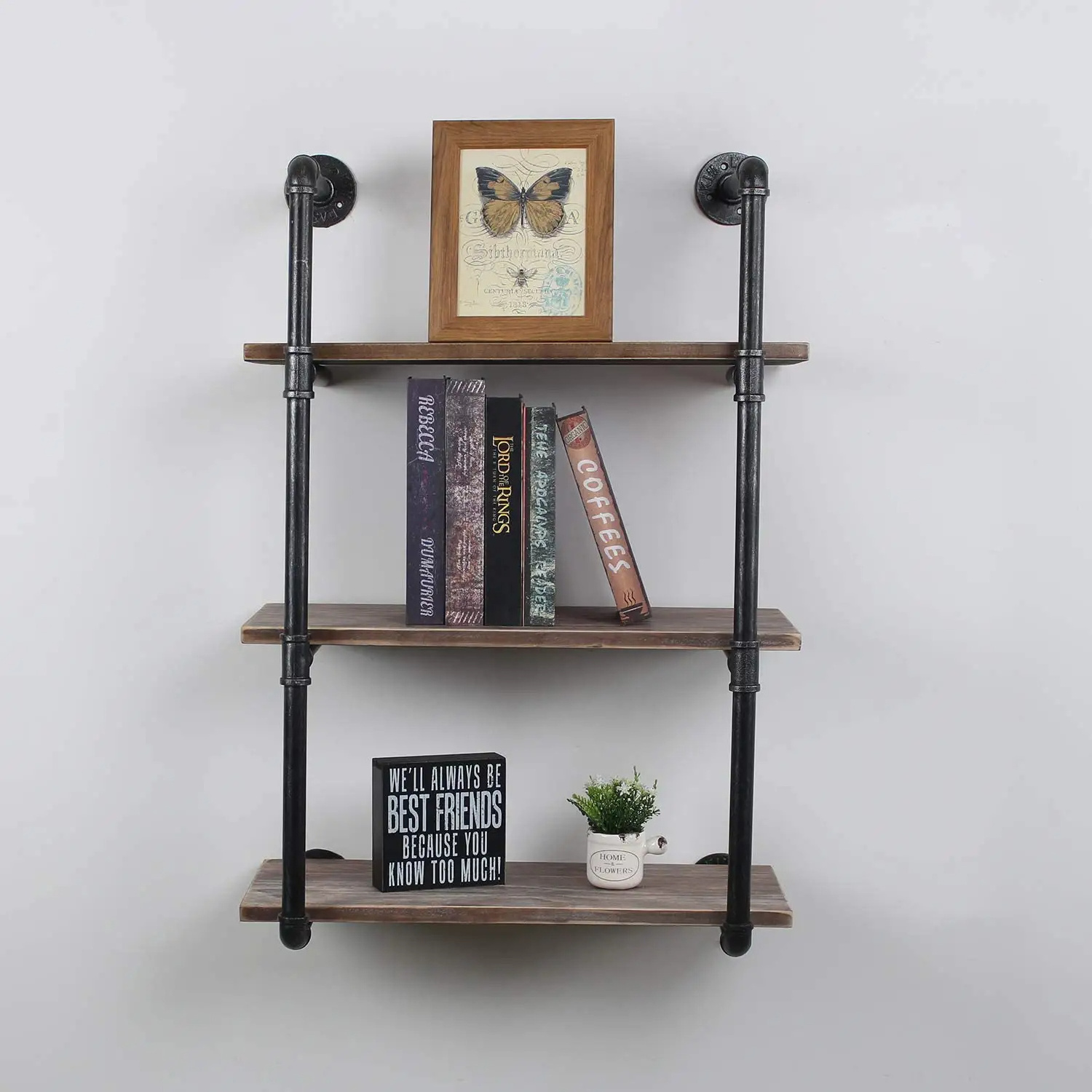 Industrial Pipe Shelving Rustic Floating Shelves 3-Tier Rustic Wall Mount Bookcase Metal Bracket Storage Wall Shelf