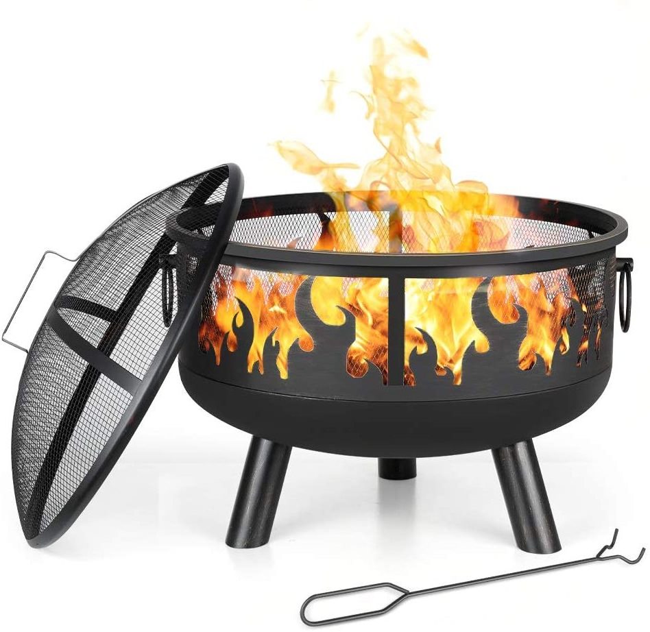 Outdoor Cast Iron Fire pit Bowl Backyard Patio Garden Stove Wood Burning Fire Pit Spark Screen