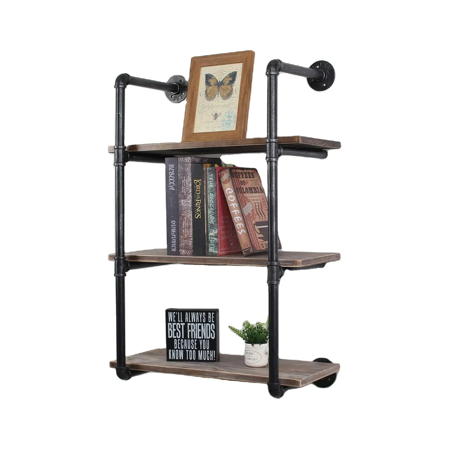 Industrial Pipe Shelving Rustic Floating Shelves 3-Tier Rustic Wall Mount Bookcase Metal Bracket Storage Wall Shelf