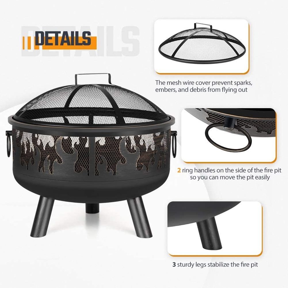 Outdoor Cast Iron Fire pit Bowl Backyard Patio Garden Stove Wood Burning Fire Pit Spark Screen