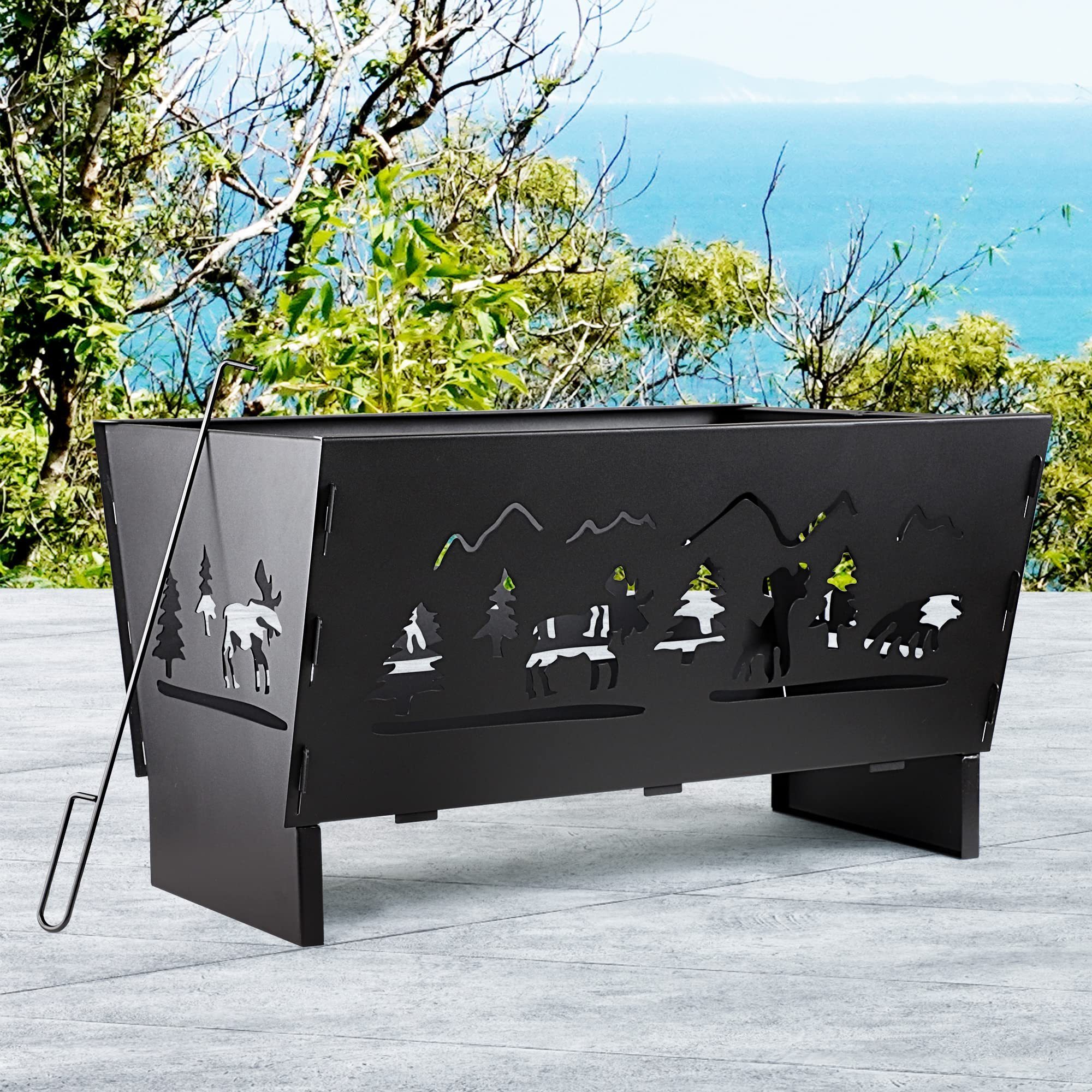 Rectangular Iron Fire Pit Suitable For Patio Backyard Fire Pit with Poker