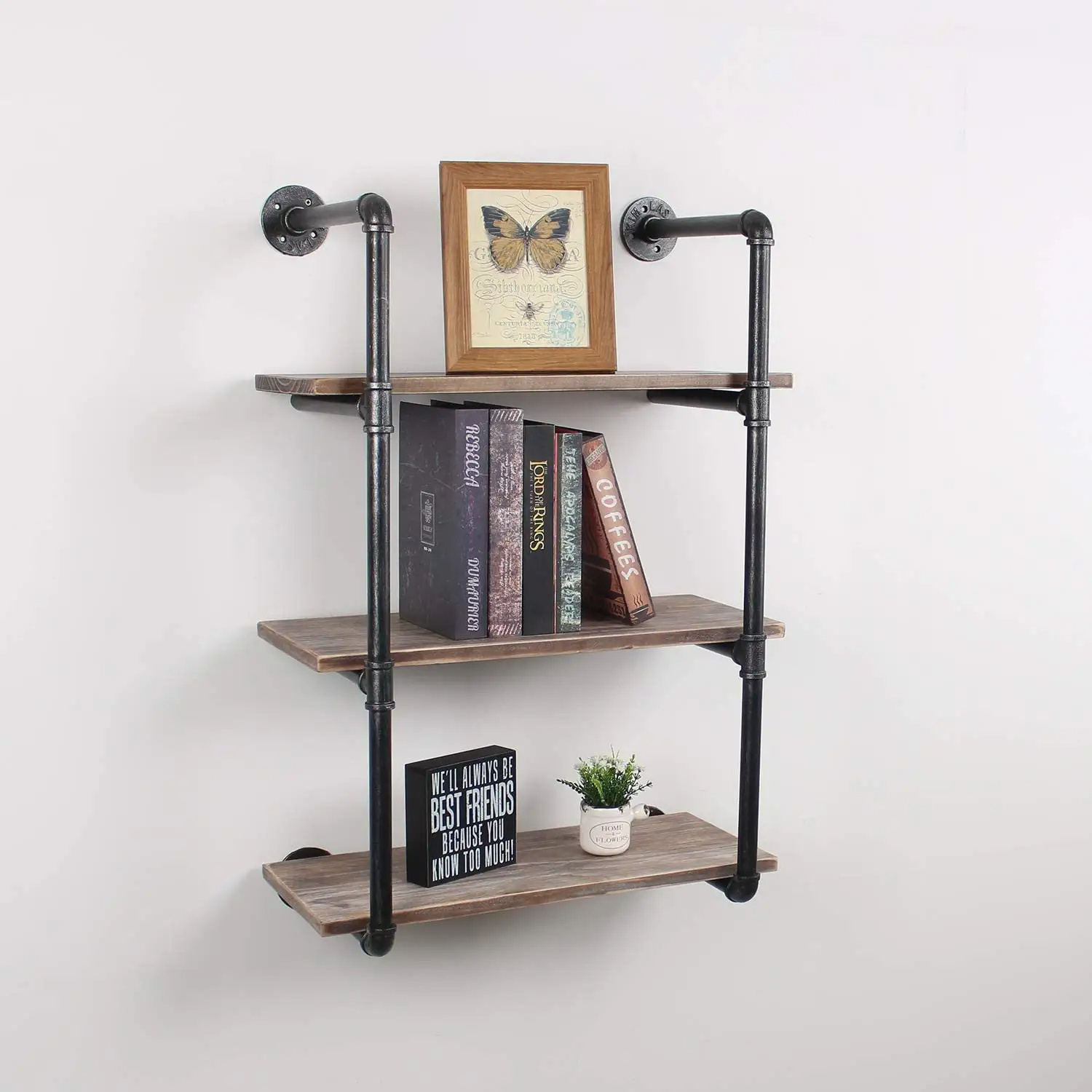 Industrial Pipe Shelving Rustic Floating Shelves 3-Tier Rustic Wall Mount Bookcase Metal Bracket Storage Wall Shelf