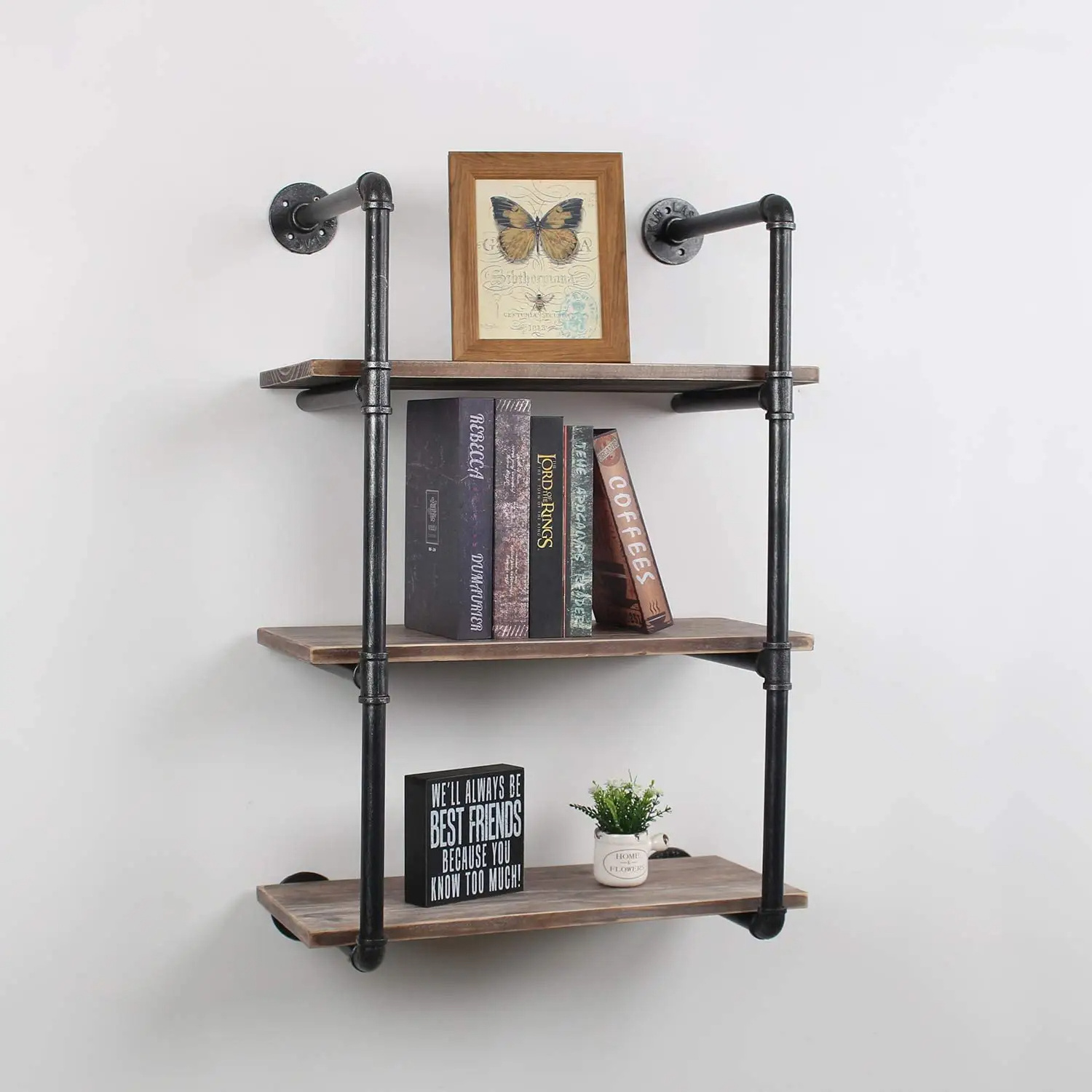 Industrial Pipe Shelving Rustic Floating Shelves 3-Tier Rustic Wall Mount Bookcase Metal Bracket Storage Wall Shelf