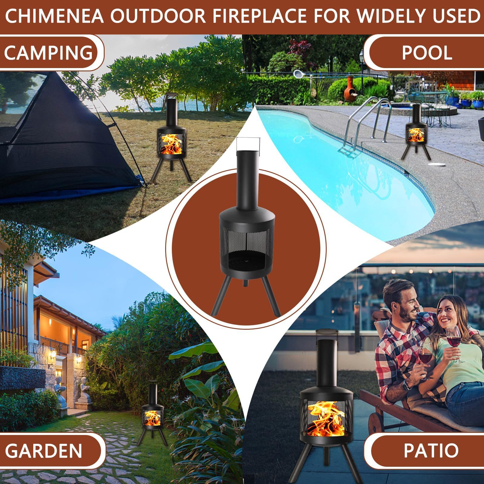 Outdoor Contemporary Tall Patio Black Steel Firepit Stove