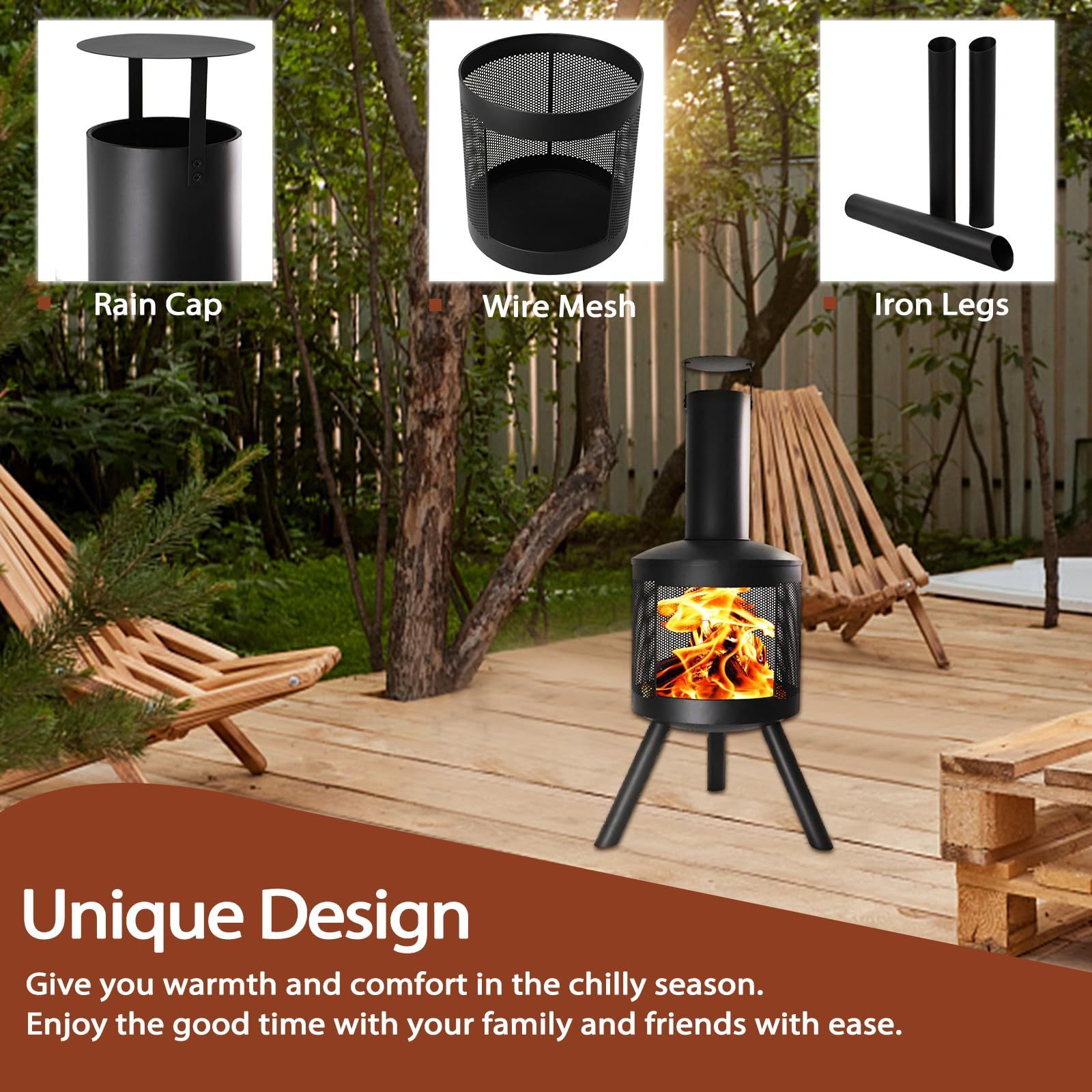 Outdoor Contemporary Tall Patio Black Steel Firepit Stove