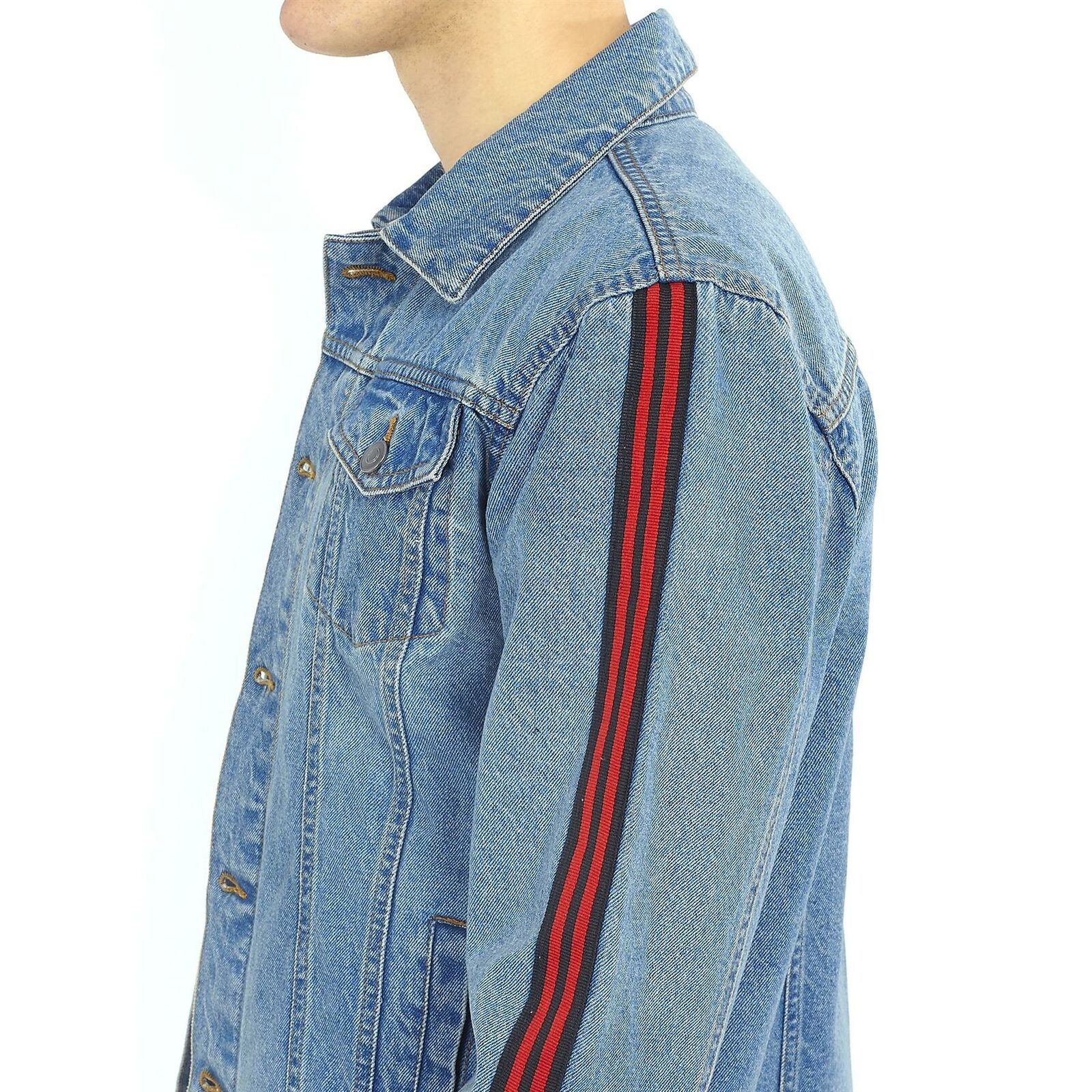 Men's Lightweight Blue Jeans Denim Jacket with Red Sleeve Stripe & Pockets Quick dry breathable men's denim jackets OEM