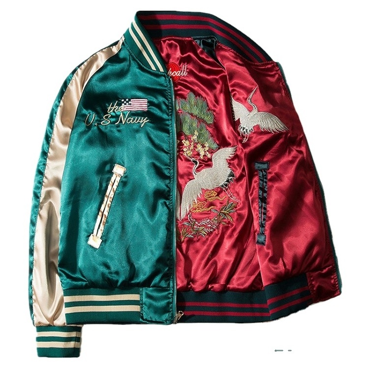 High Quality Double Sided Satin Jacket Custom Brand Logo Embroidery Bomber Jacket Men's Baseball Jacket