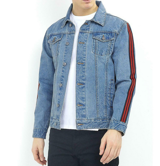 Men's Lightweight Blue Jeans Denim Jacket with Red Sleeve Stripe & Pockets Quick dry breathable men's denim jackets OEM