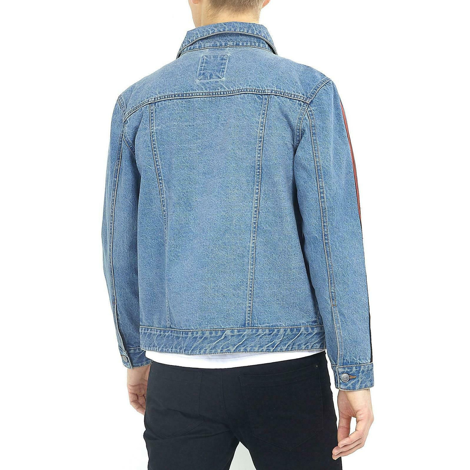 Men's Lightweight Blue Jeans Denim Jacket with Red Sleeve Stripe & Pockets Quick dry breathable men's denim jackets OEM