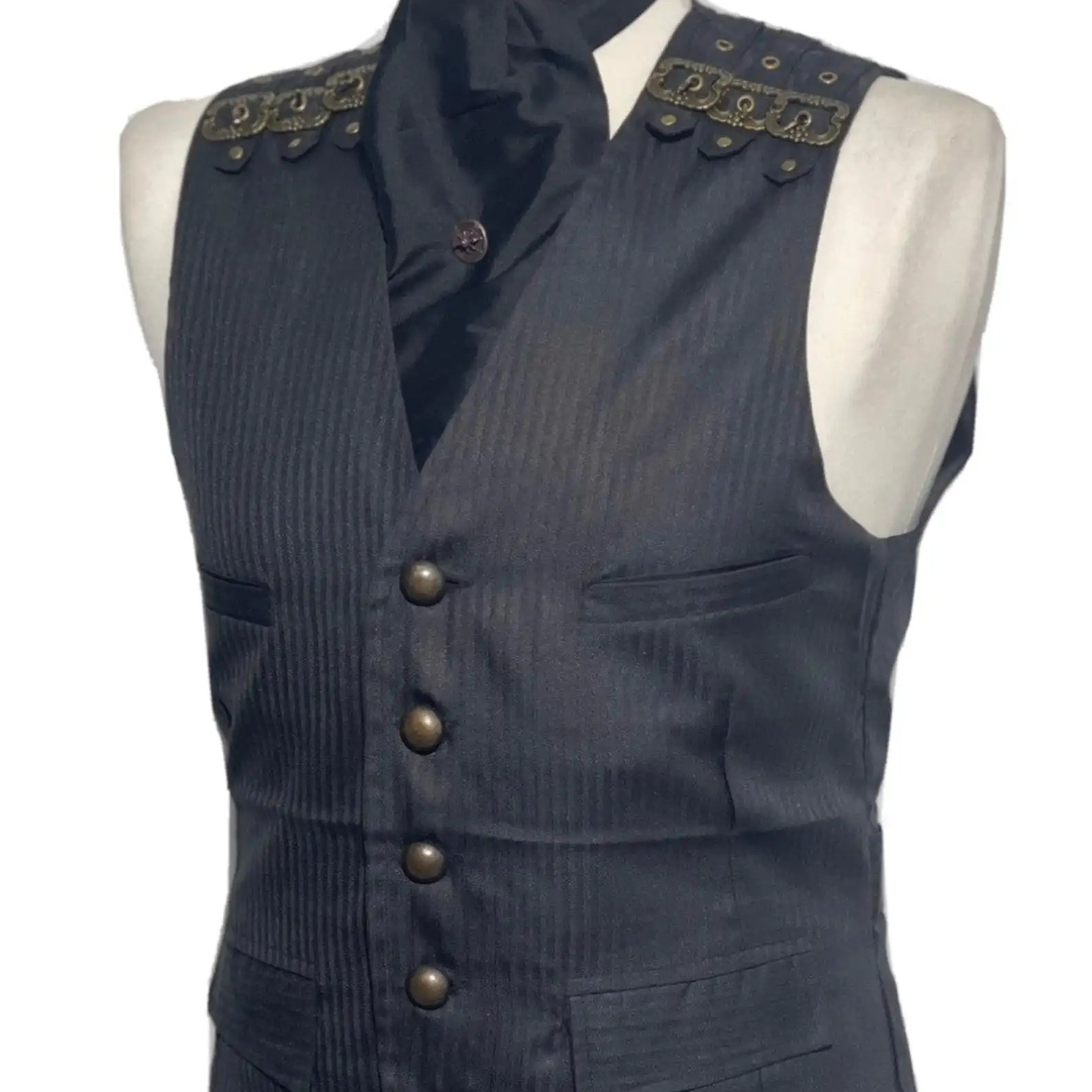 High Quality Black Gothic Vest Waistcoat with Pockets With Braided Laced Sides wholesale custom logo men's gothic vests