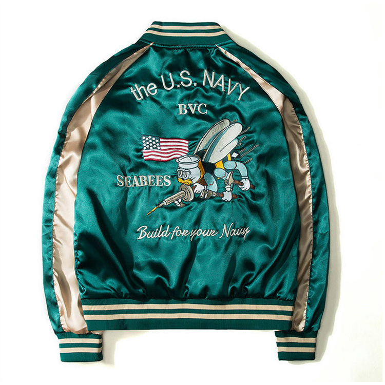 High Quality Double Sided Satin Jacket Custom Brand Logo Embroidery Bomber Jacket Men's Baseball Jacket