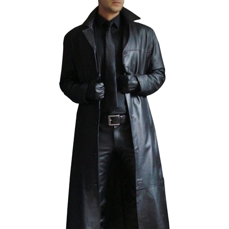 Mens Lapel Gothic Punk Black Long Coat Winter Leather Long Jacket Goth Vampire Coat Dark Knight Motorcycle Windbreaker Jacket