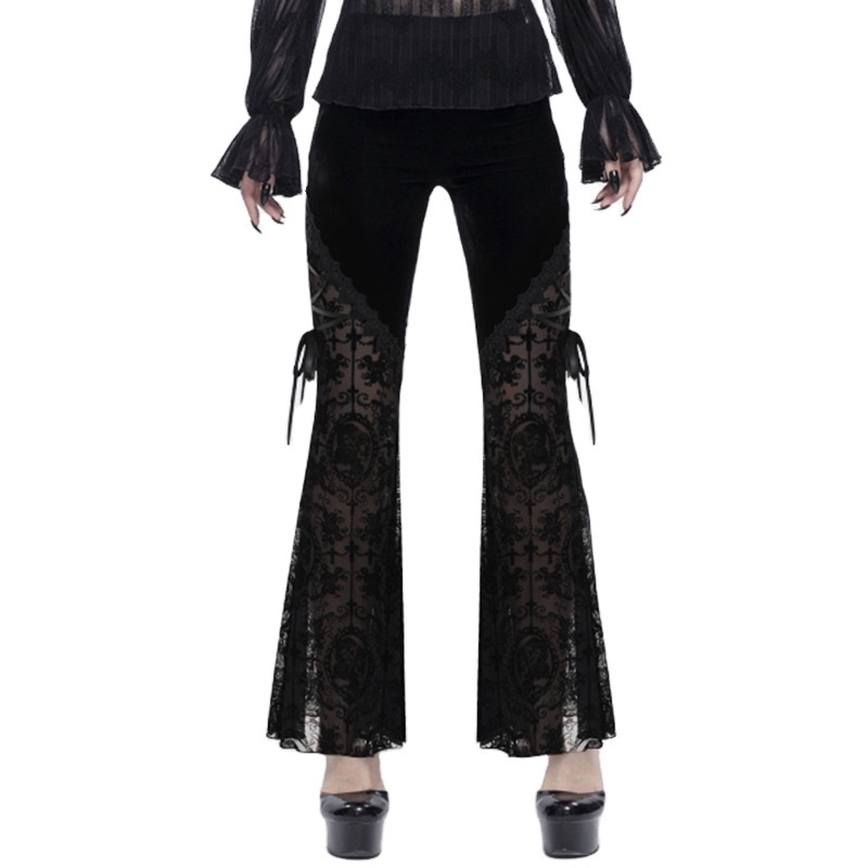 Gothic Lace Patchwork Flare Pants Women Lolita Bandage Sexy Summer Black High Waist Pants Punk Grunge Fashion Streetwear