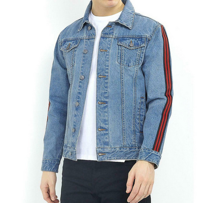 Men's Lightweight Blue Jeans Denim Jacket with Red Sleeve Stripe & Pockets Quick dry breathable men's denim jackets OEM