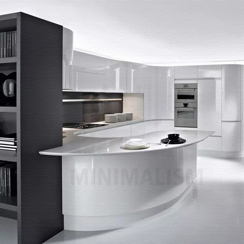 Contemporary Curved Shaped Ready to Assemble red Lacquer Kitchen Cabinets with Island