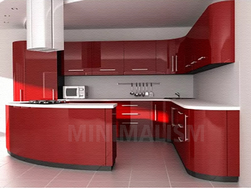 Contemporary Curved Shaped Ready to Assemble red Lacquer Kitchen Cabinets with Island